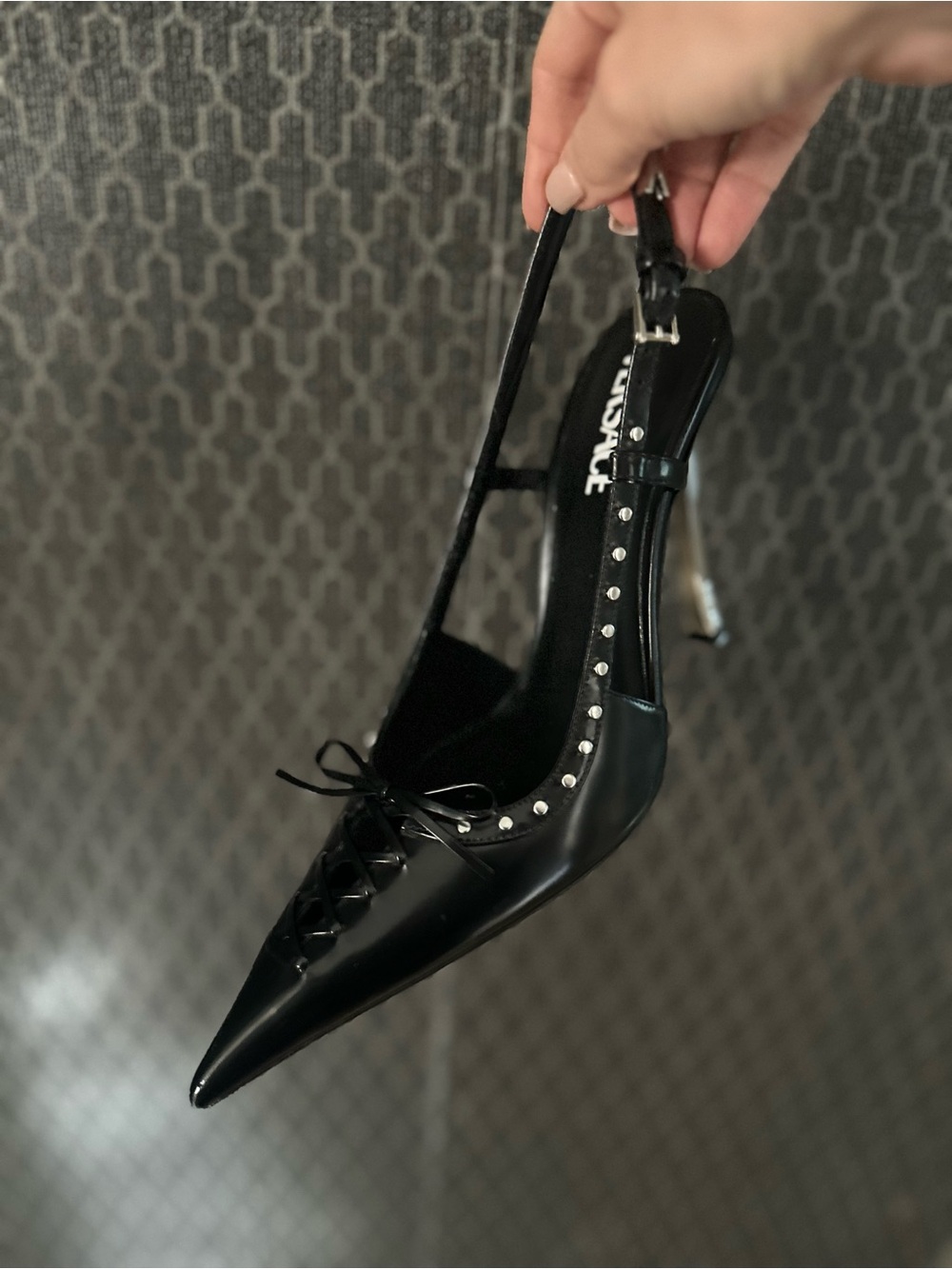 Versace Black Pointed Slingback Pump with Silver Stud Trim